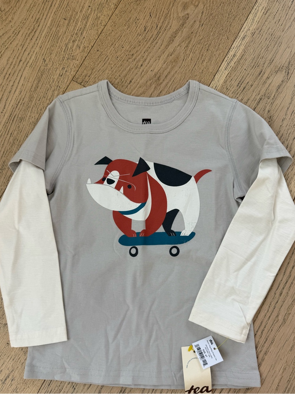 Tea Collection Grey and Cream Bulldog Skateboard Layered-Look Tee